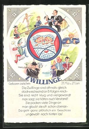 Bild des Verkufers fr Ansichtskarte Sternzeichen Zwillinge, Beweglich, Vielseitig, Reizbar zum Verkauf von Bartko-Reher