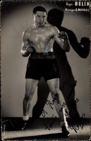 Ansichtskarte / Postkarte Französischer Boxer Roger Belin, Portrait, Autogramm
