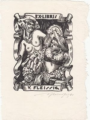 Bild des Verkufers fr Ex-Libris V. Fleissig. Weiblicher Halbakt und sitzender Mann in mittelalterlichen Kostmen. zum Verkauf von Antiquariat  Braun