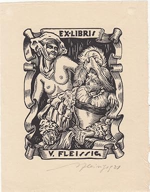 Bild des Verkufers fr Ex-Libris V. Fleissig. Weiblicher Halbakt und sitzender Mann in mittelalterlichen Kostmen. zum Verkauf von Antiquariat  Braun