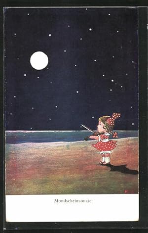 Künstler-Ansichtskarte Mädchen in Polka Dot Kleid spielt dem Mond ein Ständchen auf der Geige, Mo...