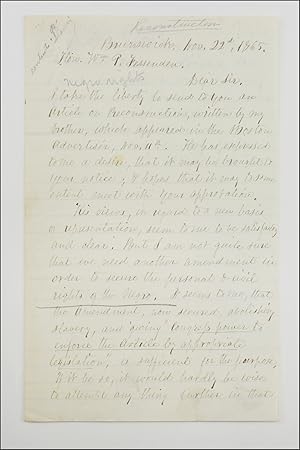Autograph letter, signed Thomas C. Upham, to the Republican U.S. Senator William P. Fessenden, ur...