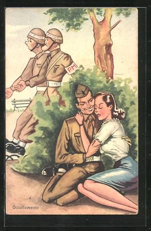 Artista-Cartolina Occultamento, Italienischer Soldat im Gebüsch mit Dame
