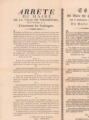 Image du vendeur pour Arrt du Maire de la ville de Strasbourg, du 6 Messidor an 9, concernant les Boulangers. mis en vente par Librairie de l'Amateur