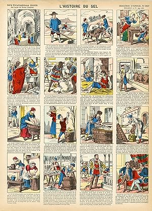 "L'HISTOIRE DU SEL" Imagerie originale entoilée / Gravure sur bois et coloriée au pochoir Imp. PE...