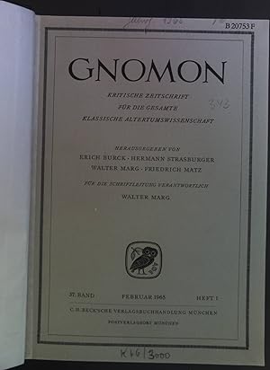 Image du vendeur pour Gnomon: Kritische Zeitschrift fr die gesamte klassische Altertumswissenschaft Band 37/1965. mis en vente par books4less (Versandantiquariat Petra Gros GmbH & Co. KG)