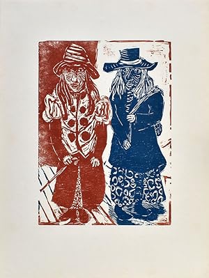 Bild des Verkufers fr Rot und blau maskiert. [1984]. [Original-Farbholzschnitt / original color woodcut]. zum Verkauf von Antiquariat Lenzen