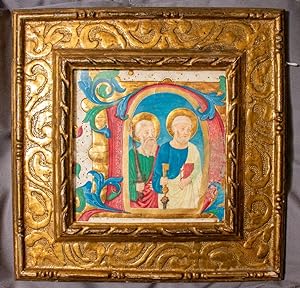 Saints Peter and Paul, in an illuminated historiated initial N , cut from a Gradual in Latin on p...