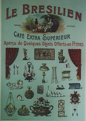 "CAFÉ LE BRÉSILIEN" Affiche d'intérieur originale entoilée / Litho E. ROUSSEAU Dôle (vers 1900)