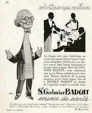 "ST-GALMIER - BADOIT Source de Santé" Annonce originale entoilée illustrée par AAH parue dans L'I...