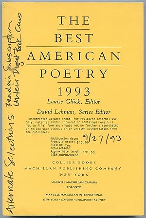 Bild des Verkufers fr The Best American Poetry 1993 zum Verkauf von Between the Covers-Rare Books, Inc. ABAA