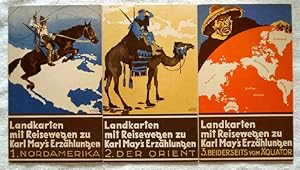 Landkarten mit Reisewegen zu Karl May's Erzählungen. - 1. Nordamerika + 2. Der Orient + 3. Beider...