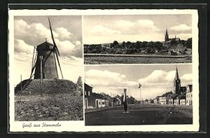 Ansichtskarte Stommeln, Windmühle, Strassenpartie mit Kirche, Panorama