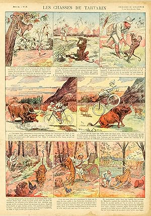 "LES CHASSES DE TARTARIN" Planche originale entoilée IMAGERIE QUANTIN (avant 1900) / Typo-litho o...