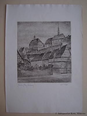 Warburg, Ansicht mit Fachwerkhäusern. Originale Radierung. Vom Künstler handschriftl. sgniert und...