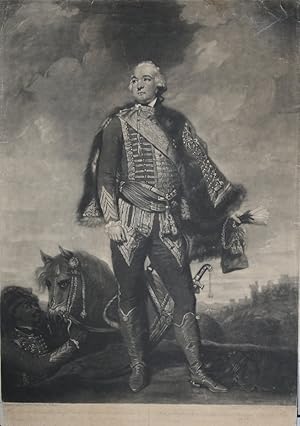 Seller image for Portrait. Ganzfigur in Uniform, heroisch im Felde stehend vor seinem Pferd. Mezzotinto von John Raphael Smith (1752-1812) nach Joshua Reynolds. for sale by Antiquariat  Braun