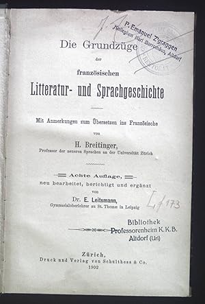 Immagine del venditore per Die Grundzge der franzsischen Litteratur- und Sprachgeschichte. venduto da books4less (Versandantiquariat Petra Gros GmbH & Co. KG)