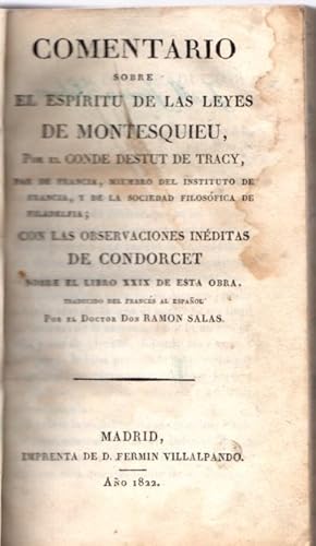 Imagen del vendedor de Comentario sobre el espritu de las leyes de Montesquieu . a la venta por Librera Astarloa