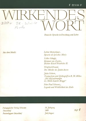 Bild des Verkufers fr WIRKENDES WORT - Heft 4/1969 - Deutsche Sprache in Forschung und Lehre 19. Jahrgang zum Verkauf von Versandantiquariat Nussbaum