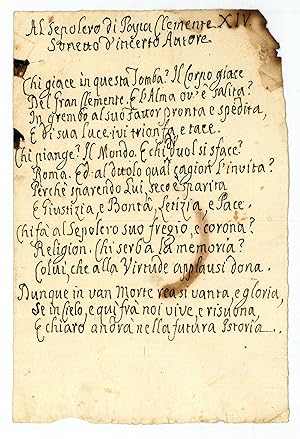 "Al Sepolcro di Papa Clemente XIV". Manuscript copy of an anonymous sonnet.