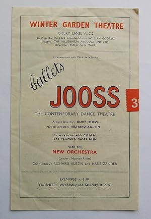 Ballets Jooss. Programme for Wednesday Evening, July 25th 1945. Winter Garden Theatre, Drury Lane...