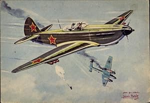 Künstler Ansichtskarte / Postkarte Sowjetisches Kampfflugzeug YAK 9, URSS, Avions Alliés