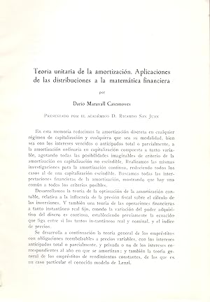 Seller image for TEORIA UNITARIA DE LA AMORTIZACION. APLICACIONES DE LAS DISTRIBUCIONES A LA METEMATICA FINANCIERA (EXTRAIDO ORIGINAL DEL AO 1967, ESTUDIO COMPLETO TEXTO INTEGRO) for sale by Libreria 7 Soles