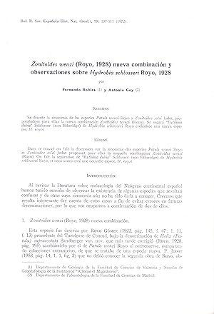 Imagen del vendedor de ZONITOIDES WENZI (ROYO, 1928) NUEVA COMBINACION Y OBSERVACIONES SOBRE HYDROBIA SCHLOSSERI ROYO, 1928 (EXTRAIDO ORIGINAL, ESTUDIO COMPLETO TEXTO INTEGRO) a la venta por Libreria 7 Soles