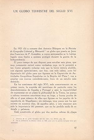 Seller image for UN GLOBO TERRESTRE DEL SIGLO XVI - CON MAPA MUNDO DESPLEGABLE - (EXTRAIDO ORIGINAL DEL AO 1941, ESTUDIO COMPLETO TEXTO INTEGRO) for sale by Libreria 7 Soles
