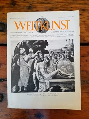 Bild des Verkufers fr Die Weltkunst Nr. 16 / XXVIII. Jahrgang / 15. August 1958 - Illustrierte Zeitschrift fr Kunst / Buch / alle Sammelgebiete und ihren Markt / Zentralorgan smtlicher Deutscher Kunst- und Antiquittenhndler-Verbnde, Inhalt u.a.: Vorschau auf die Delfter Jubilumsmesse / Eine neues Werk des jungen Greco (Prof. Dr. Hugo Kehrer) /Die zweite Ausstellung abgenommener Fresken in Florenz (Dr. Werner Cohn) / Sammlung Sir Joseph Robinson (Dr. L. Frolich-Bume) / Bilanz und konomie des heutigen Kunstbetriebs (Direktor Dr. Musper) FEHLT / Porzellan-Miscellen (Dr. S. Ducret) FEHLT / Katabori Netsuke-Motive(Dr. F. Weber) FEHLT / Aktuelle Ausstellungen FEHLT / Salzburger Berichte (u.a. Dr. Niels v. Holst) / Ausstellungskalender / Auktionskalender, zum Verkauf von Antiquariat Liber Antiqua