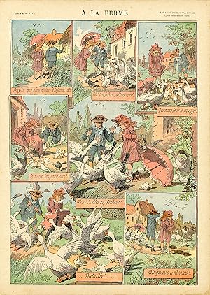 "A LA FERME" Planche originale entoilée / IMAGERIE QUANTIN (avant 1900) / Typo-litho originale pa...