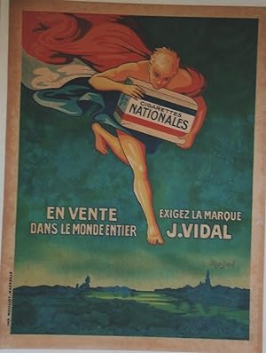 "CIGARETTES J. VIDAL" Affiche originale entoilée / Litho par MASS'BEUF / Imp. MOULLOT Marseille (...
