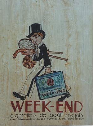 "CIGARETTES WEEK-END" Peinture gouache sur bois encadrée d'après René VINCENT (vers 1930)