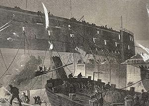 Bild des Verkufers fr The Launch of the Northumberland: Fixing the Camels at Night. An original print from the Illustrated London News, 1866. zum Verkauf von Cosmo Books