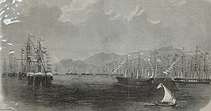 Bild des Verkufers fr The Ceremonial Fleet at Anchor in the Roads of Suez, Red Sea. An original print from the Illustrated London News, 1869. zum Verkauf von Cosmo Books
