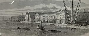 Bild des Verkufers fr The Last of the Woolwich Dockyard: Timber Pond and Boathouse and the Dockyard from the River. Two original prints and a short article from the Illustrated London News, 1869. zum Verkauf von Cosmo Books