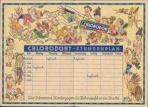 Stundenplan Reklame Chlorodont Zahnpasta, Tube Mundwasser, Zahnteufel mit Kindern um 1930