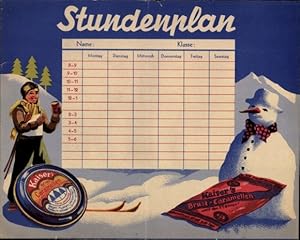 Stundenplan Reklame Kaiser's Brust Caramellen, Blechdose, Schneemann, Ski um 1930