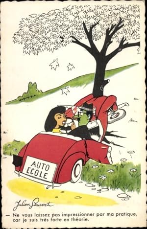 Künstler Ansichtskarte / Postkarte Laurent, Julien, Frau ist gegen einen Baum gefahren, Autounfall