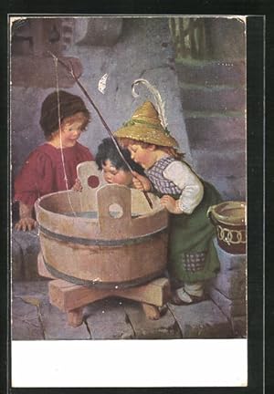 Bild des Verkufers fr Knstler-Ansichtskarte Hermann Kaulbach: Drei Kinder spielen wo ist der Fisch? zum Verkauf von Bartko-Reher