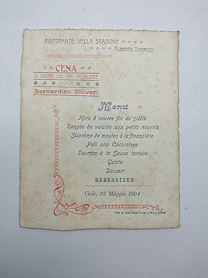 Cena in onore del Neo Cavaliere Signor Bernardino Olliveri. Menu'. Cirie' 25 maggio 1904.