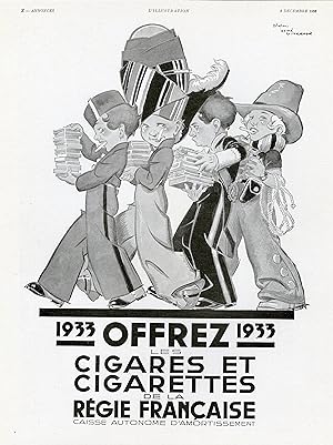"1933 OFFREZ des CIGARES et des CIGARETTES de la Régie Française" Annonce originale entoilée illu...