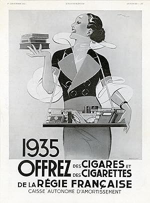 "1935 OFFREZ des CIGARES et des CIGARETTES de la Régie Française" Annonce originale entoilée illu...
