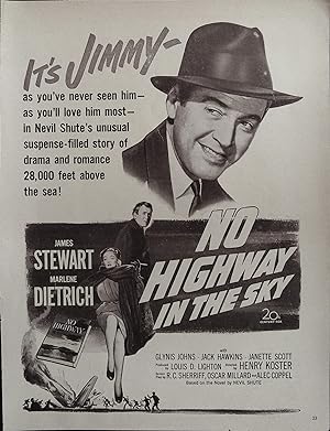 Bild des Verkufers fr No Highway in the Sky Trade Print Ad 1951 James Stewart, Marlene Dietrich zum Verkauf von AcornBooksNH