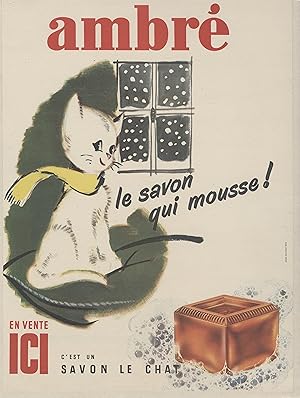 "SAVON LE CHAT AMBRÉ" Affiche originale entoilée / Litho PUBLI-SERVICE Paris (1959)