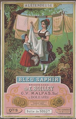 "BLEU SAPHIR E. BOILLEY (A L'ÉTENDEUSE)" Etiquette-chromo originale (entre 1890 et 1900)