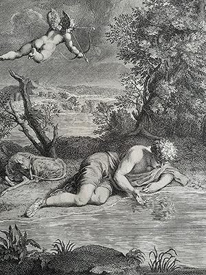 Image du vendeur pour METAMORPHOSE NARCISSE PICART LE ROMAIN GRAVURE 1733 ETCHING EAU FORTE R3995 mis en vente par Librairie RAIMOND