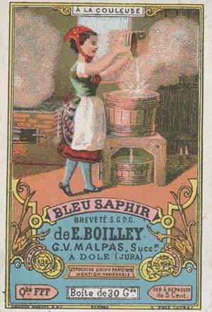 "BLEU SAPHIR (A LA COULEUSE) E.BOILLEY DOLE" Etiquette-chromo originale (entre 1890 et 1900)