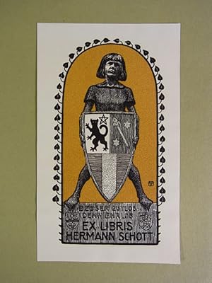 Imagen del vendedor de Heraldik-Exlibris fr Hermann Schott. Motiv: mittelalterlicher Knabe mit Wappenschild. Dazu Motto: "Besser gutlos denn ehrlos". Zweifarbige Druckvariante a la venta por Antiquariat Weber