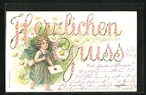 Präge-Ansichtskarte Elfe mit Brief, Blumen und Herzlichen Gruss